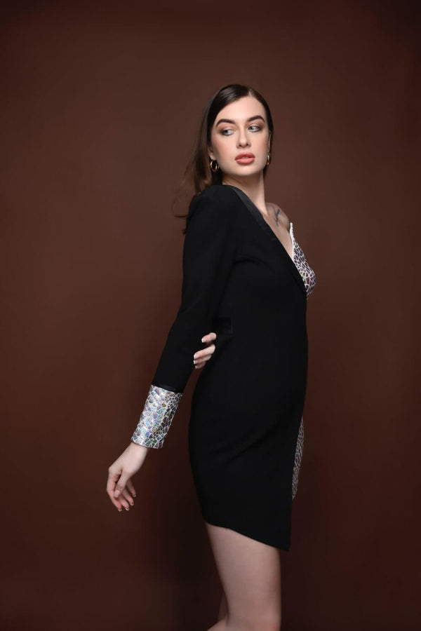 Meeami Fashion Silver Eagle Blazer Dress Meeami Fashion birthday dress black dress black white dress blazer jacket LATEST luxury midi dress party party dress PARTY WEAR sequin short dress silver summer dress weekend dress