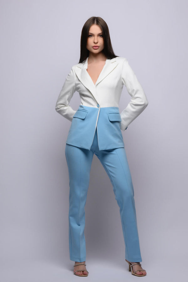 Meeami Fashion Carolice- Blue White Suit Meeami Fashion blazer BLAZER SET blue coat designer formal party PARTY WEAR trending trouser white